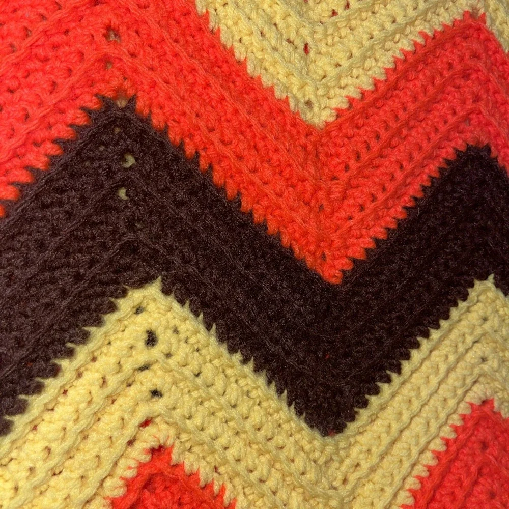 VIntage Crochet Knit Afghan Throw Blanket Chevron Zigzag MCM Fall Colors Tassels